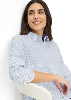 Chemisier pur coton à rayures, avec broderie florale