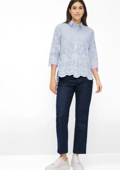 Chemisier pur coton à rayures, avec broderie florale