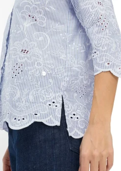 Chemisier pur coton à rayures, avec broderie florale