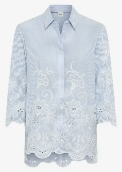 Chemisier pur coton à rayures, avec broderie florale