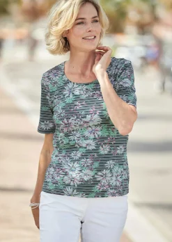 Confortable T-shirt imprimé de fleurs et rayures