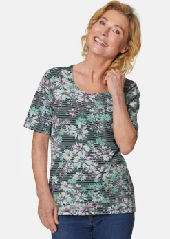 Confortable T-shirt imprimé de fleurs et rayures