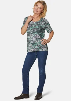 Confortable T-shirt imprimé de fleurs et rayures