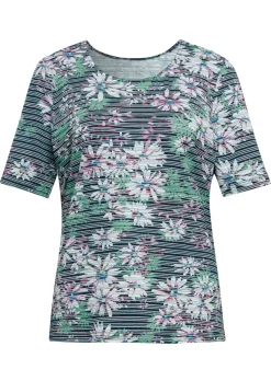 Confortable T-shirt imprimé de fleurs et rayures