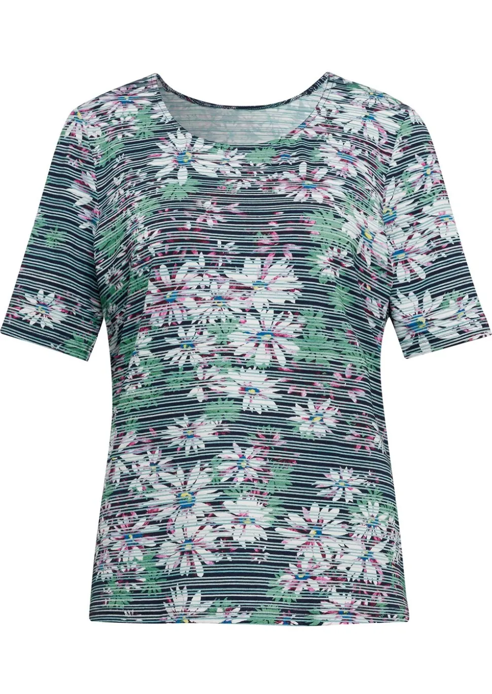 Confortable T-shirt imprimé de fleurs et rayures