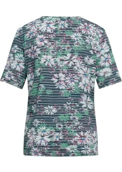 Confortable T-shirt imprimé de fleurs et rayures