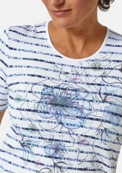 Confortable T-shirt imprimé de fleurs et rayures