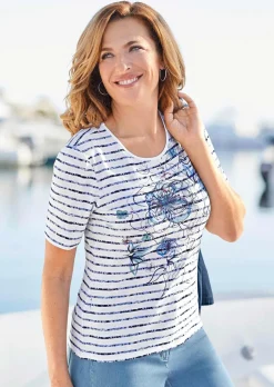 Confortable T-shirt imprimé de fleurs et rayures