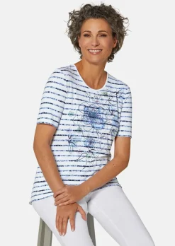 Confortable T-shirt imprimé de fleurs et rayures