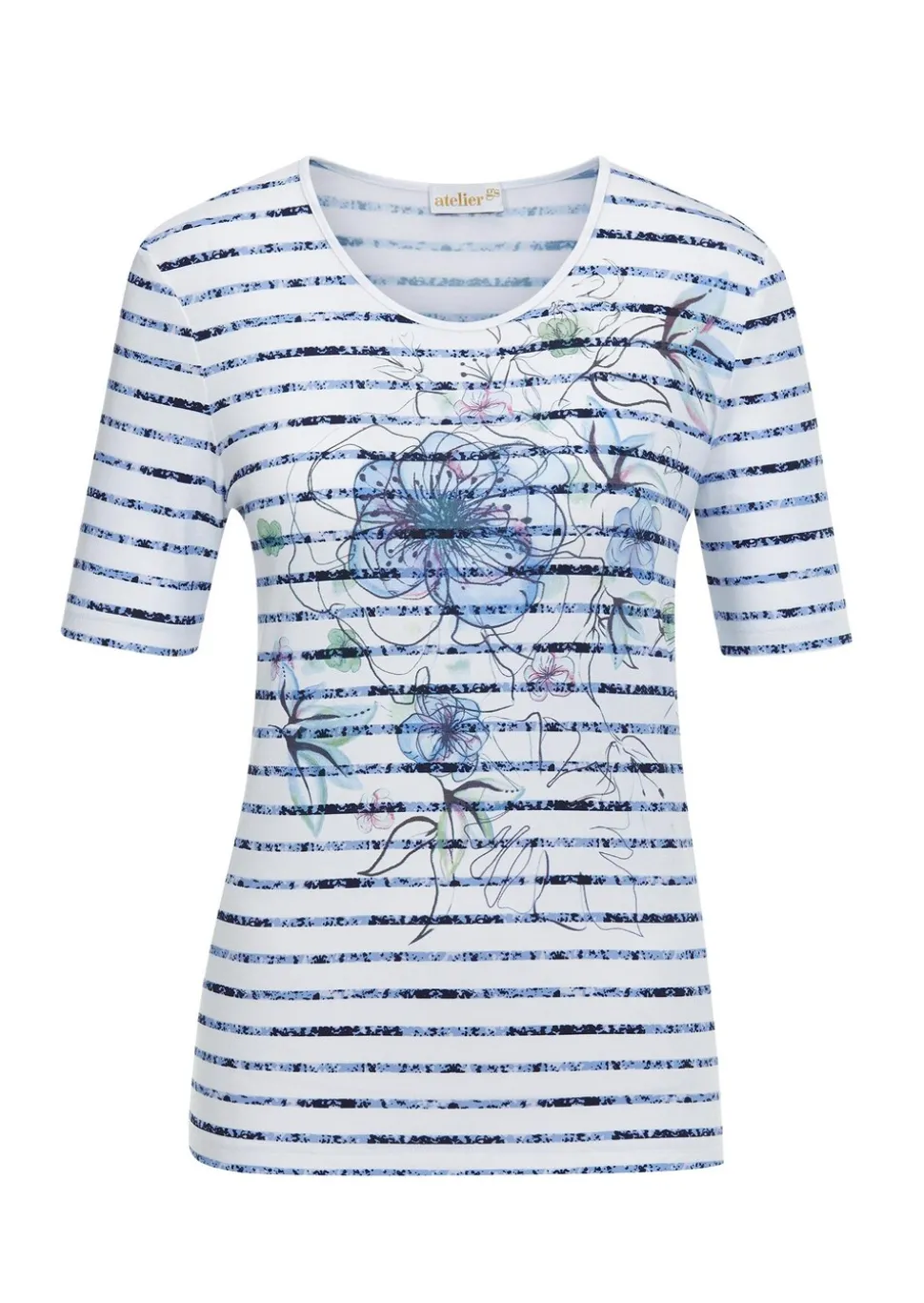 Confortable T-shirt imprimé de fleurs et rayures