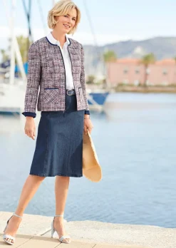 Elégant blazer en tissu bouclette et passepoil en jean