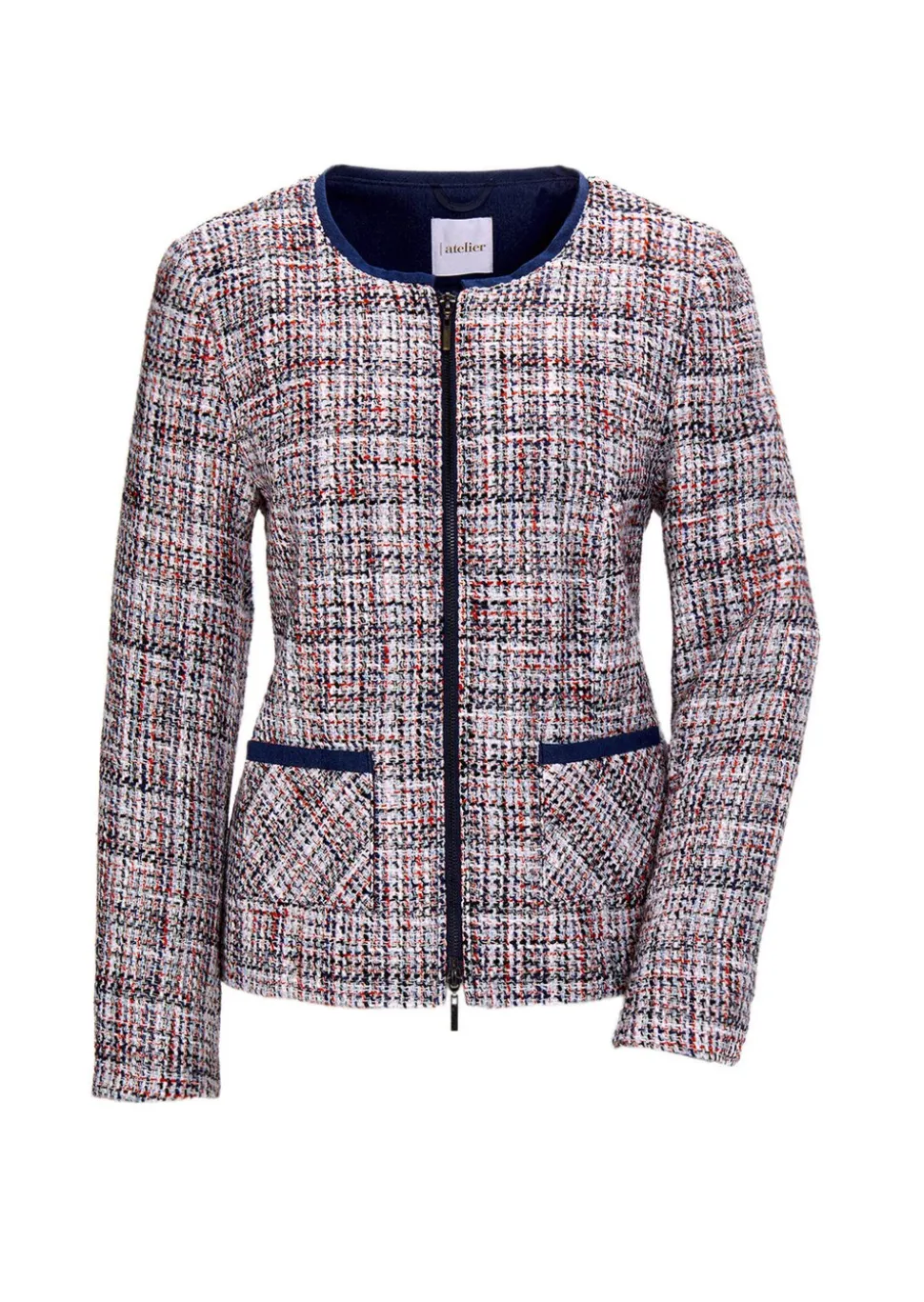 Elégant blazer en tissu bouclette et passepoil en jean