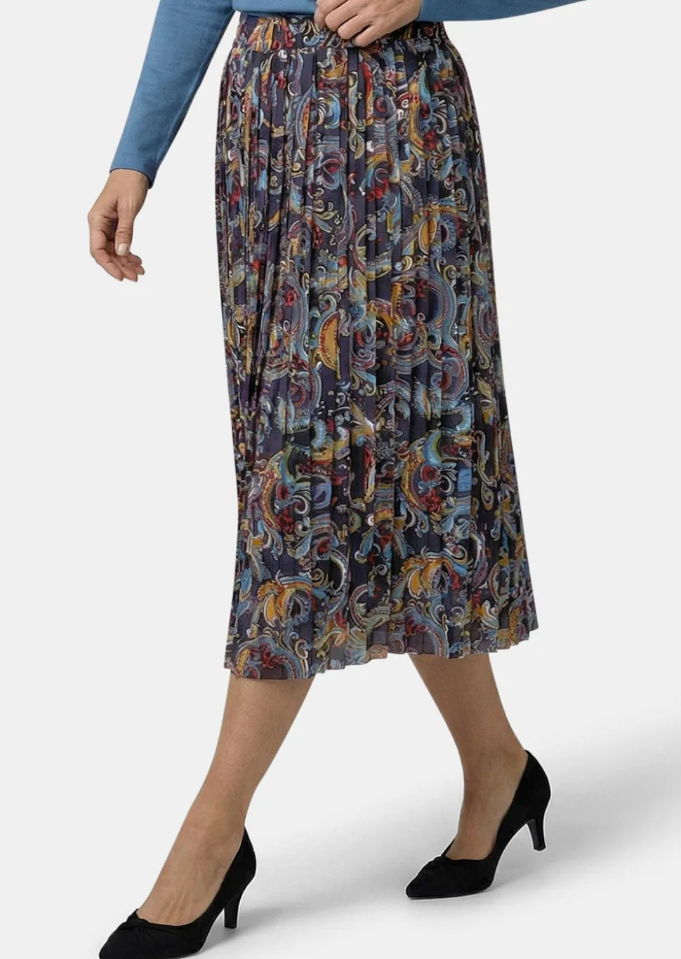 Jupe plissée midi à motif cachemire