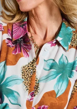 Robe-chemisier avec imprimé léopard et fleurs