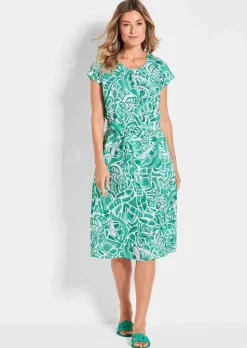 Robe en lin avec imprimé intégral et ceinture à nouer