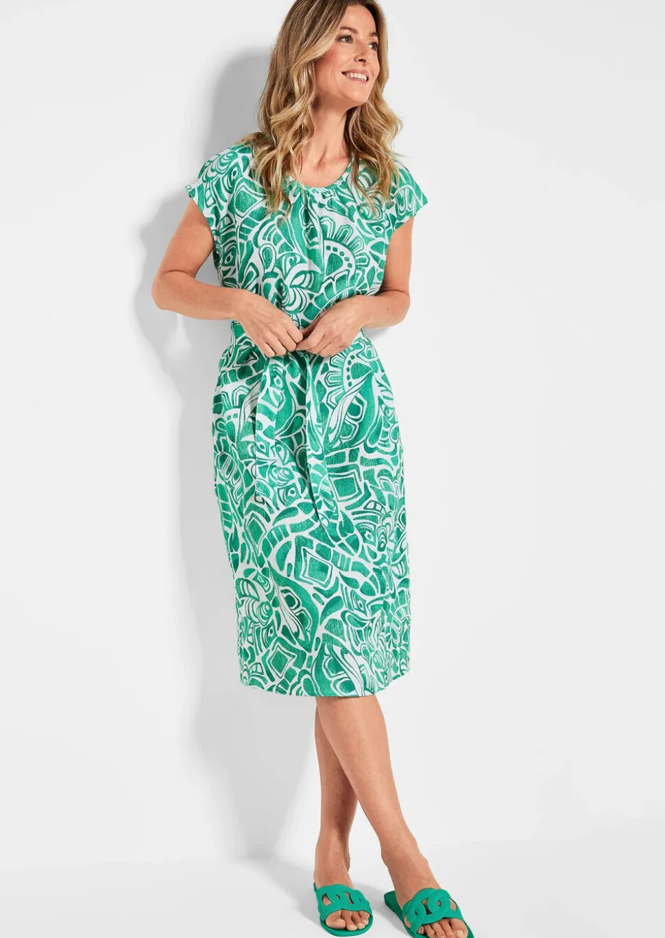 Robe en lin avec imprimé intégral et ceinture à nouer