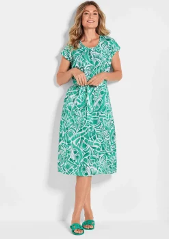 Robe en lin avec imprimé intégral et ceinture à nouer
