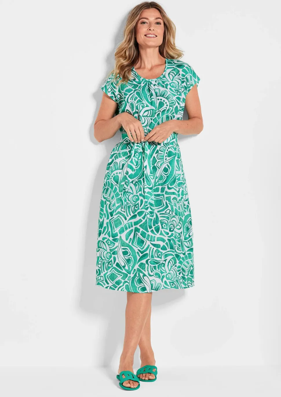 Robe en lin avec imprimé intégral et ceinture à nouer