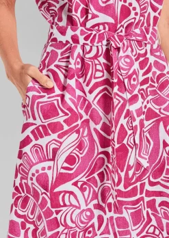 Robe en lin avec imprimé intégral et ceinture à nouer
