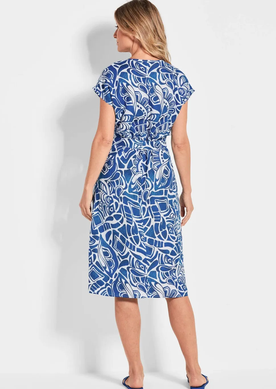 Robe en lin avec imprimé intégral et ceinture à nouer