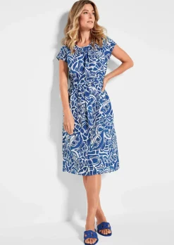 Robe en lin avec imprimé intégral et ceinture à nouer