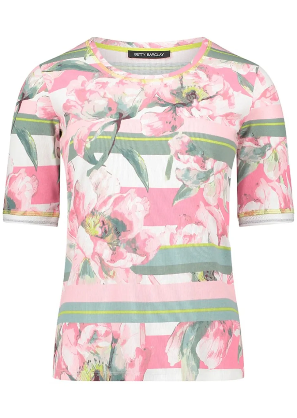 T-shirt côtelé avec motif de fleurs et de rayures