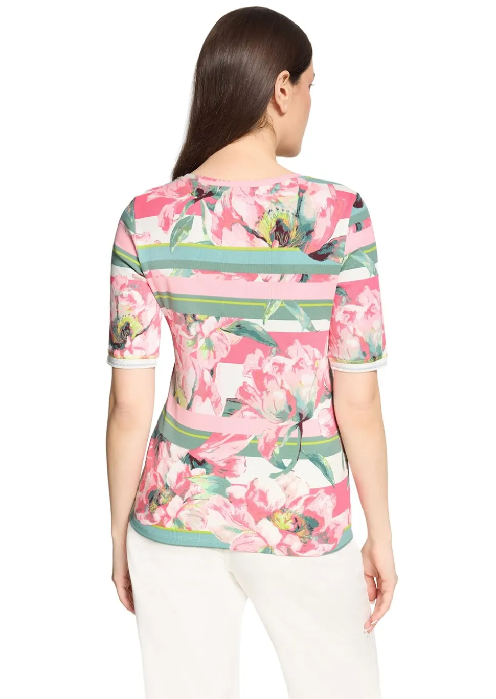 T-shirt côtelé avec motif de fleurs et de rayures