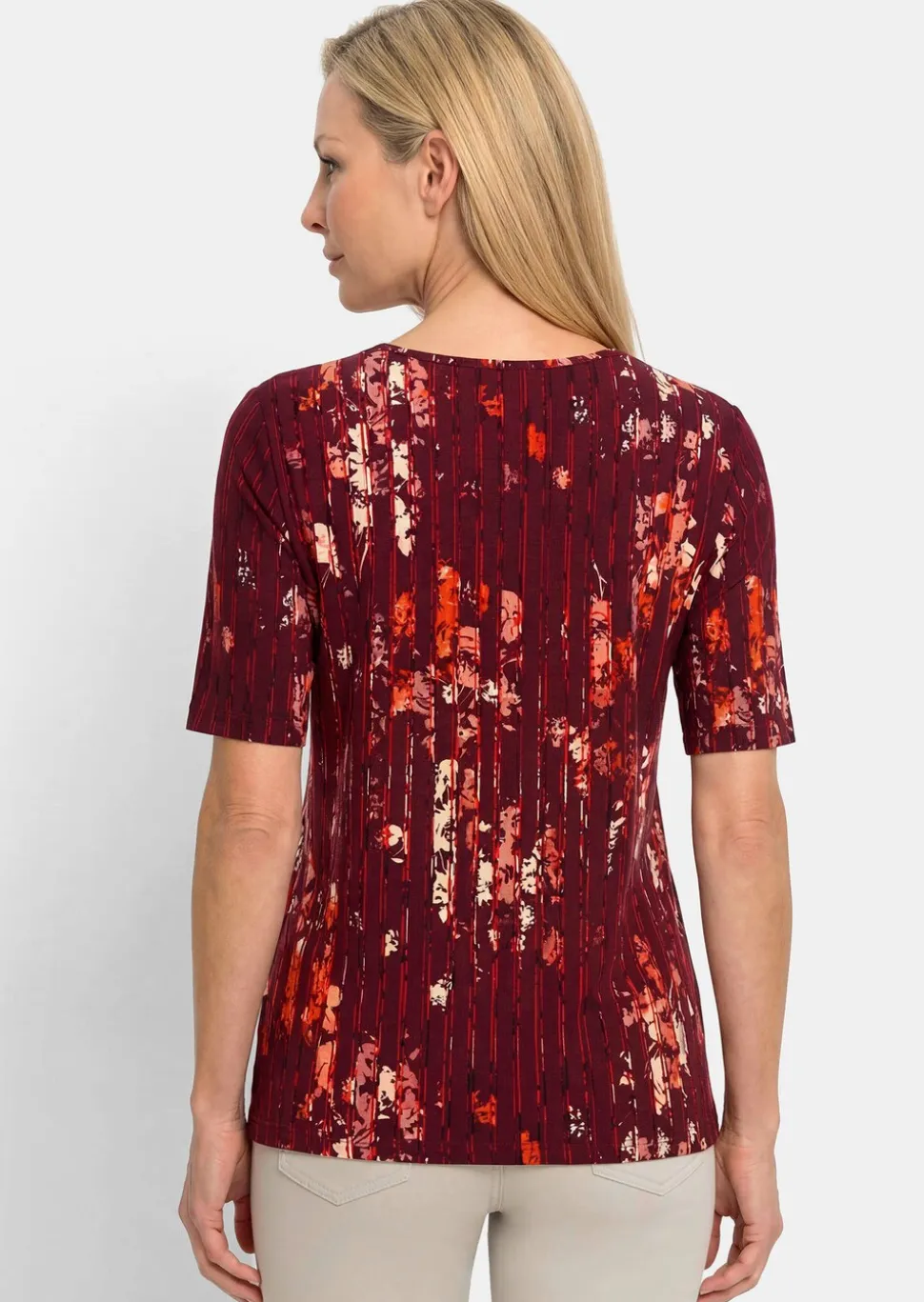 T-shirt en viscose avec fleurs et rayures longitudinales
