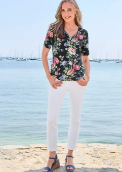 T-shirt floral en jersey avec fronces