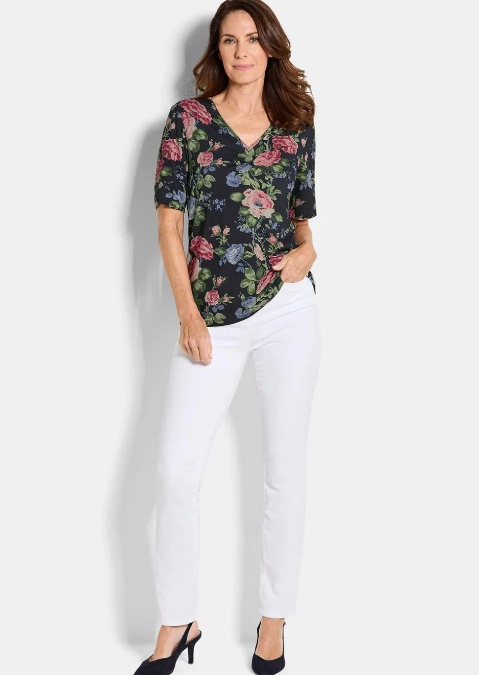 T-shirt floral en jersey avec fronces